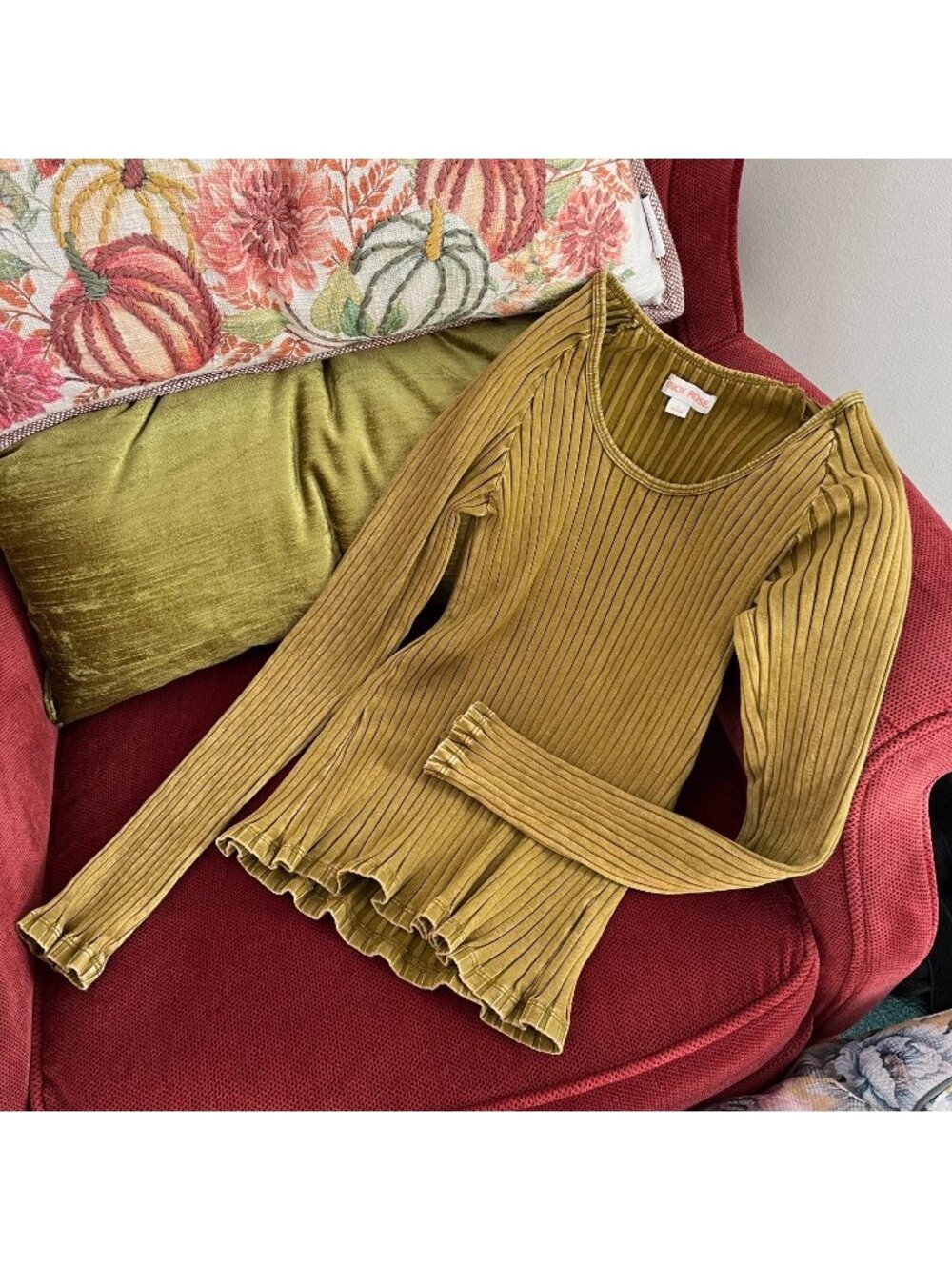 Knox Rose Ribbed Long Sleeve Top Green Lightweight Sweater Small
